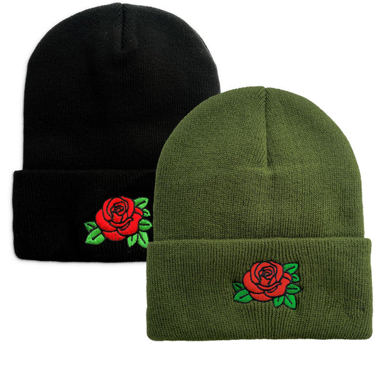Beanie Hats for Men Unisex Rose Embroidered Women Acrylic Winter Cuffed Knit Warm Ski Hats Green Black