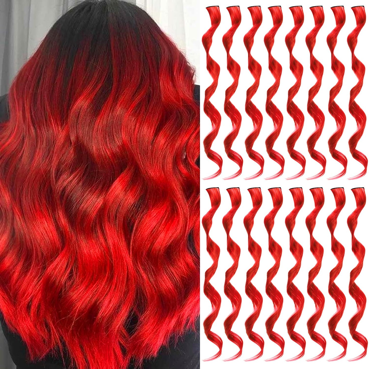 TOFAFA 16 Pcs Colored Hair Extensions Curly Wavy Clip in Synthetic Hairpiece Streak for Girls Women Kids,Multi-colors Party Highlights Cosplay Festival Gift(Red)