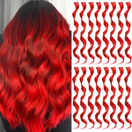 TOFAFA 16 Pcs Colored Hair Extensions Curly Wavy Clip in Synthetic Hairpiece Streak for Girls Women Kids,Multi-colors Party Highlights Cosplay Festival Gift(Red)