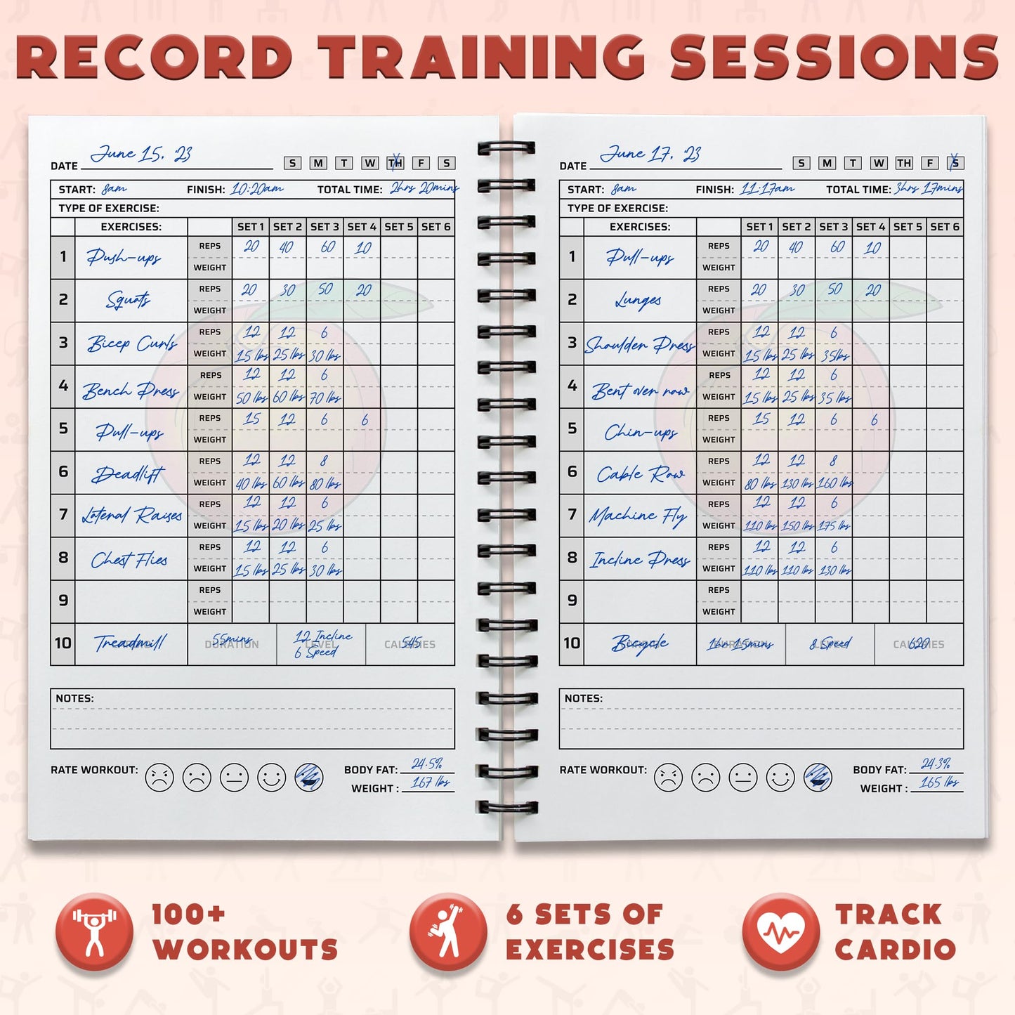 Workout Planner for Daily Fitness Tracking & Goals Setting - A5 Size, 6” x 8”, Peachy Pink), Men & Women Personal Home & Gym Training Diary - Log Book Journal - by Workout Log Gym