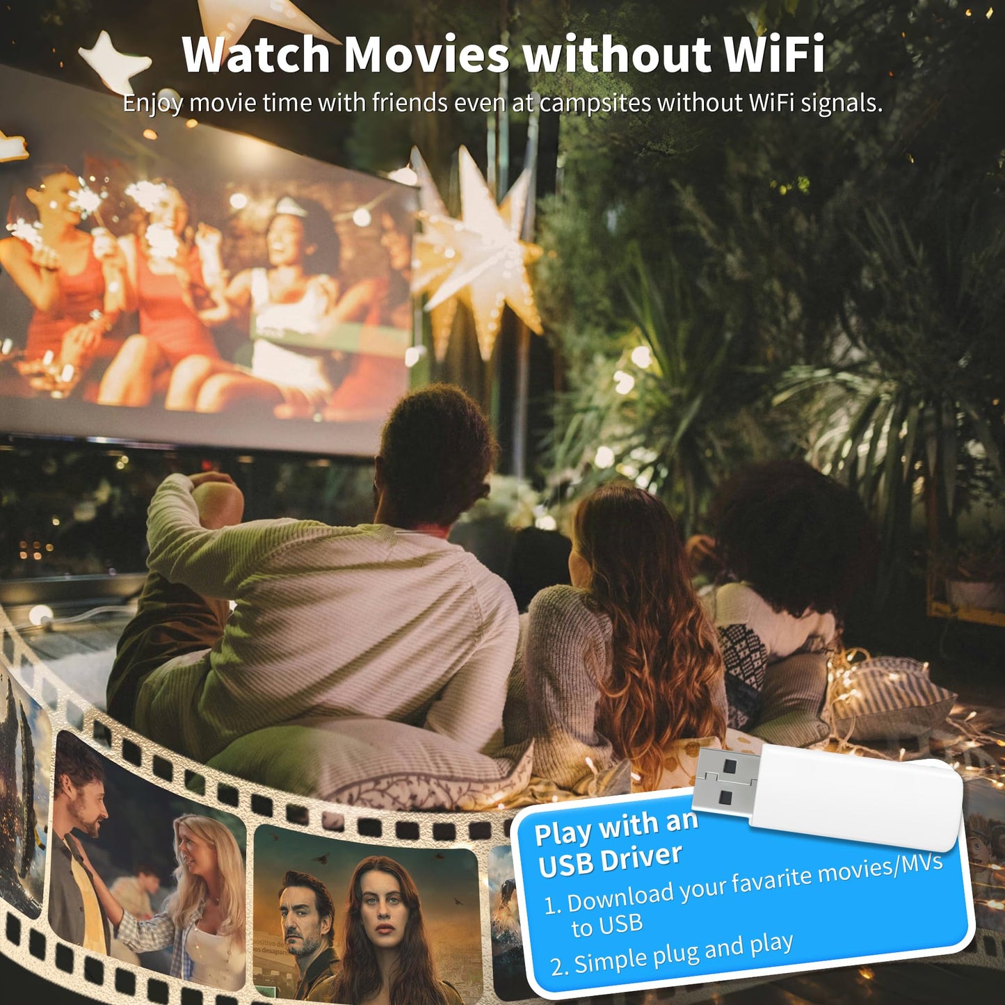 Mini Projector, Portable Projector 4K Support, Full HD 1080P Outdoor Projector, 270° Rotation Movie Projector, Compatible with Smartphone, TV Stick, Laptop, PS4, HDMI, USB (No WiFi or Bluetooth)