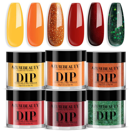 AZUREBEAUTY Dip Powder Nail Set Orange Gold Red Shimmery Green Glitter 6 Colors Dipping Powder Starter Kit French Nail Art Manicure DIY Salon, No Need Nail Lamp Cured