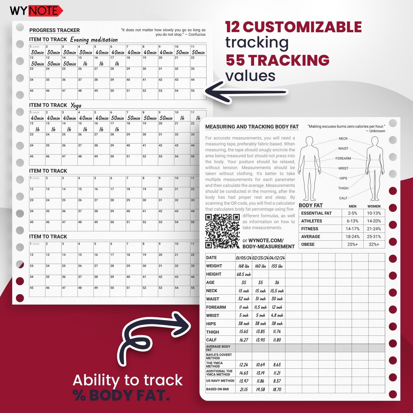 Fitness Journal Burgundy on 150+ Workouts + Yearly Calendar + 55 Tracking Values - A5 Workout Journal with Fat tracking - Planner to 12 items to track + 7 comparative periods + Goals