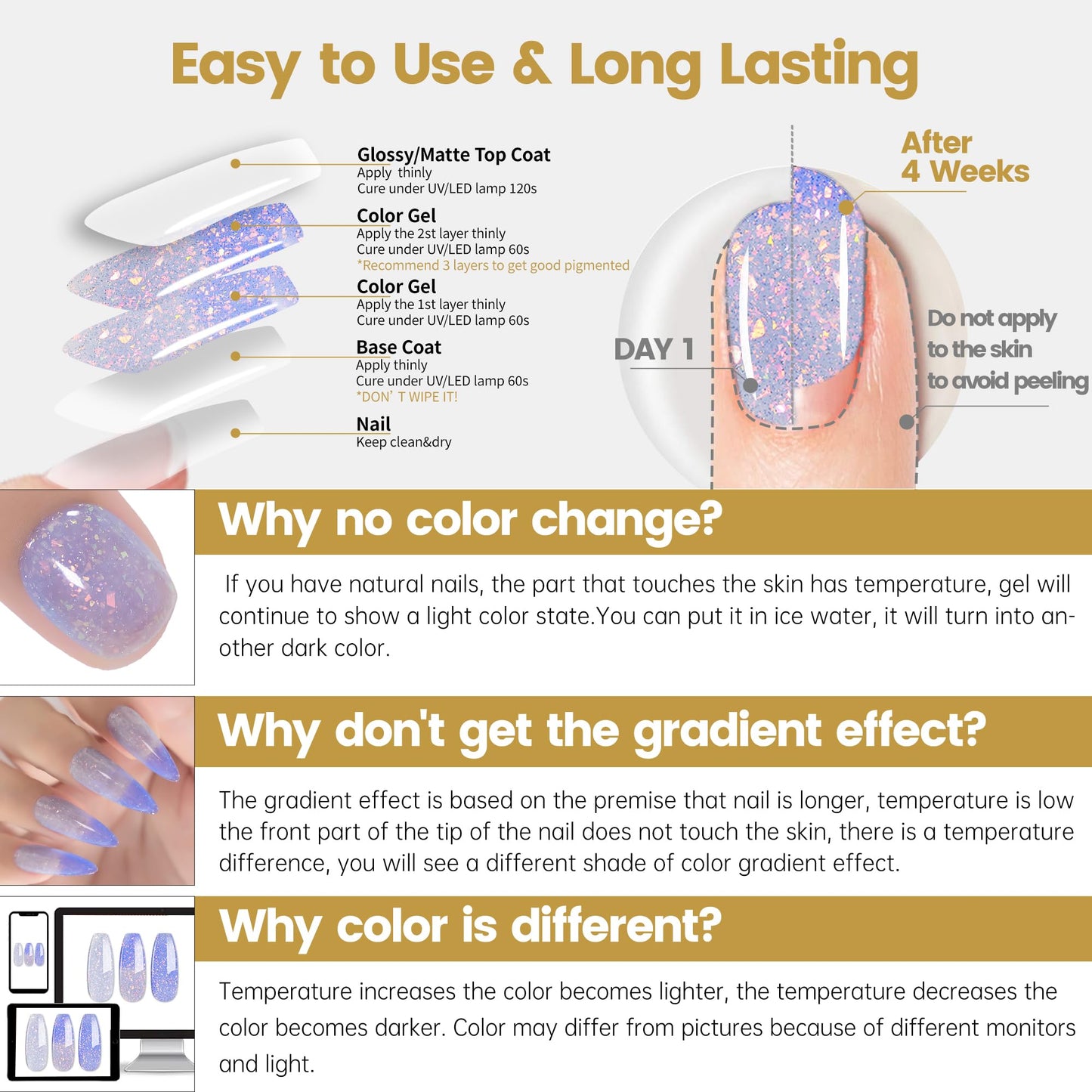 YTD Likomey Brocade Glitter Color Changing Gel Nail Polish,15ml Light Blue To Blue Shimmer Mood Temperature Change Colors Iridescent Flakes,Spring Summer Thermal Ombre UV Nail Gel,WB354