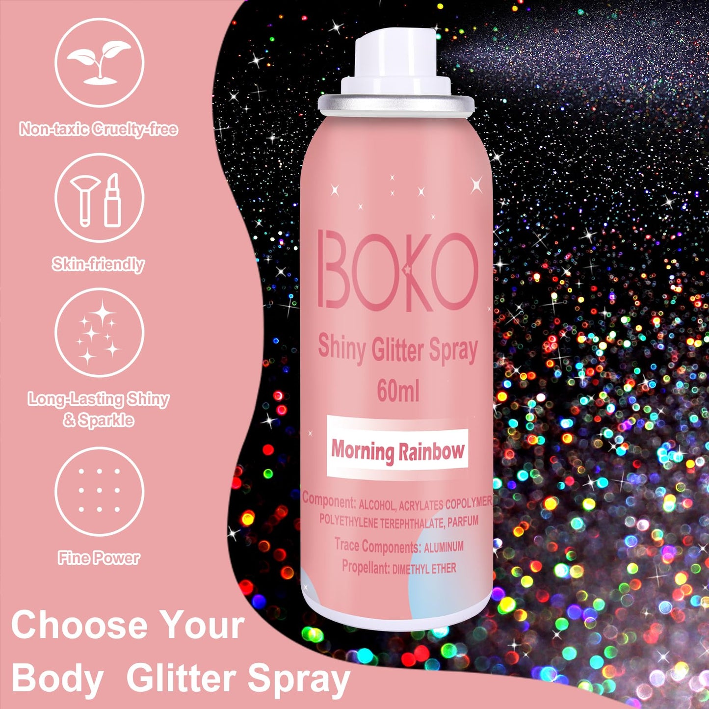 Boko Body Glitter Spray, 60ML Holographic Silver Glitter Spray for Body Hair Clothes, Quick-Drying and Long-Lasting Glitter Hairspray Body Shiny for Festival Music Concert Party Rave Accessories