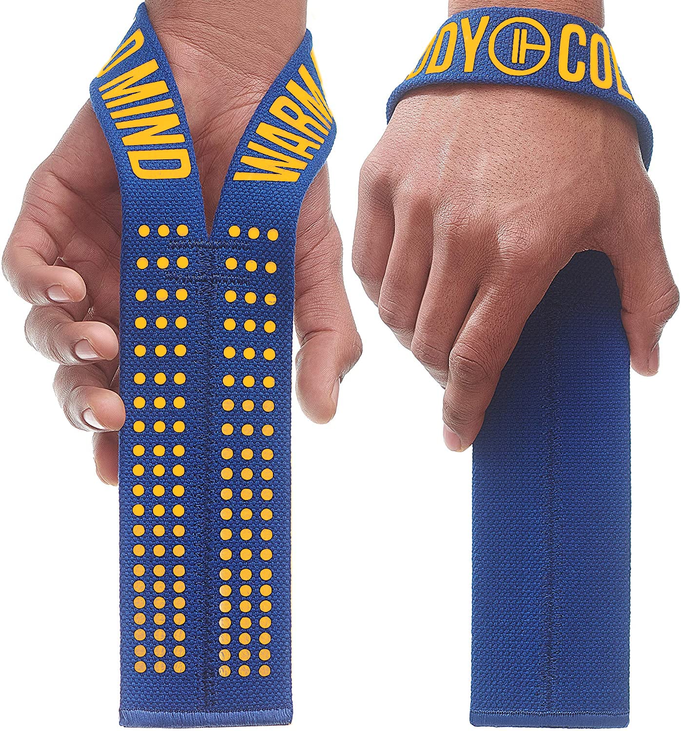 WARM BODY COLD MIND V1 Lifting Wrist Straps for Olympic Weightlifting, Powerlifting, Bodybuilding, Functional Strength Training, for Cross Training - Heavy-Duty Cotton Wrist Wraps, Pair (Blue/Orange)