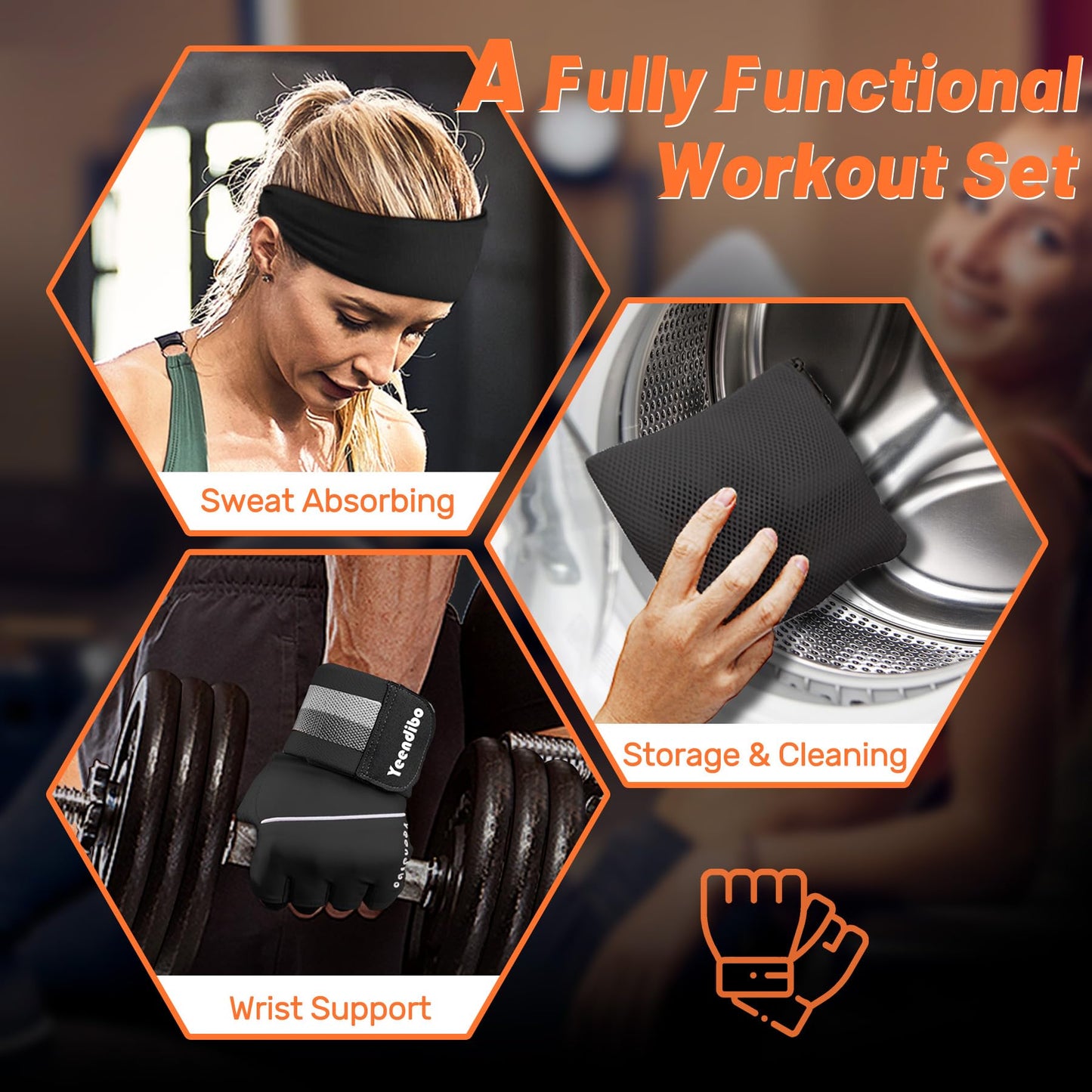 Yeendibo 5-in-1 Workout Gloves for Men & Women, with Excellent Grip, Full Protection Exercise Weight Lifting Gym Gloves, Detachable Wrist Strap & Mesh Bag