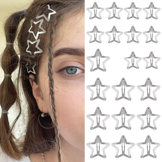 Star Hair Clips 2000s Y2K Snap Hair Barrettes Non Slip Star Hair Accessories Silver Metal Hair Clips for Girls Women -20 PCS 1.18", 1.57"