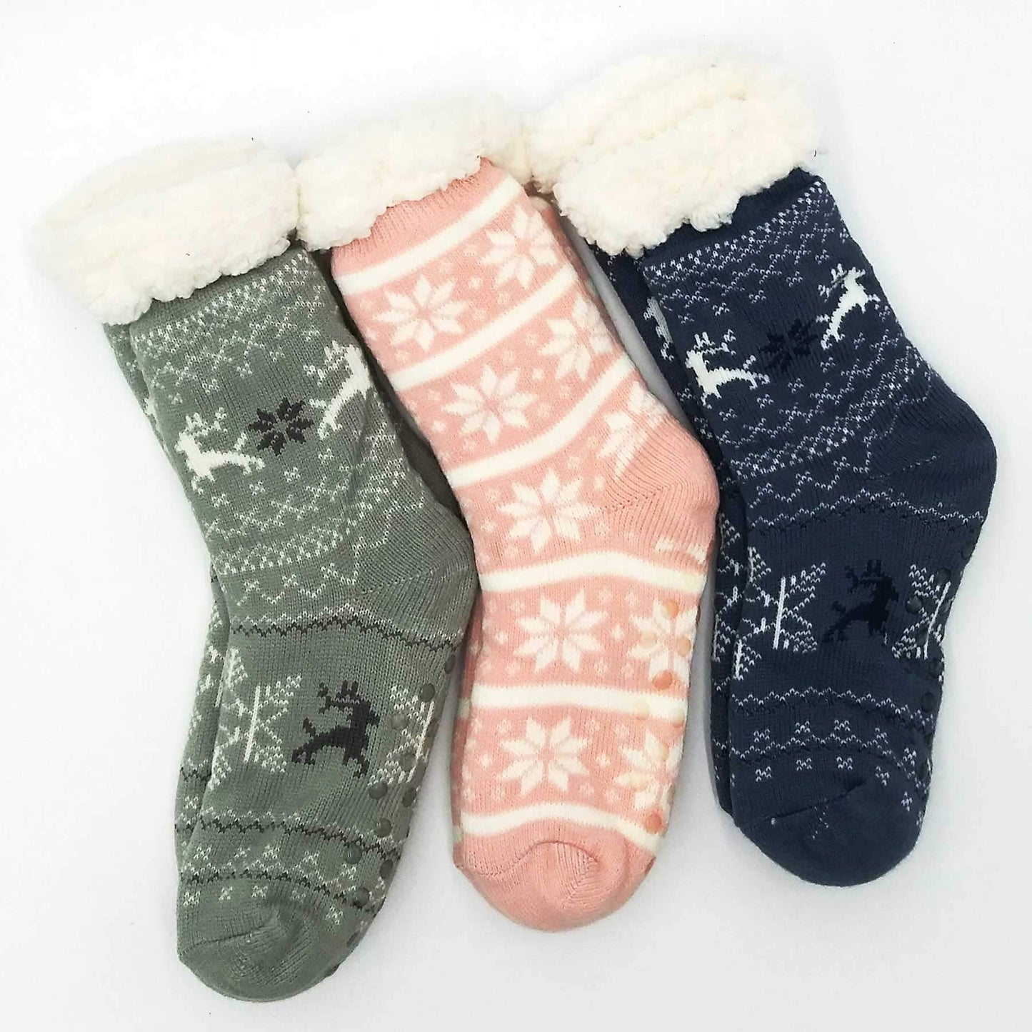 Thick Winter Warm Heat Double Layer Thermal Crew Women's Socks 3 Pairs Deer Snowflake Pattern Pink Blue Grey 9-11 Non-Slip Bottoms