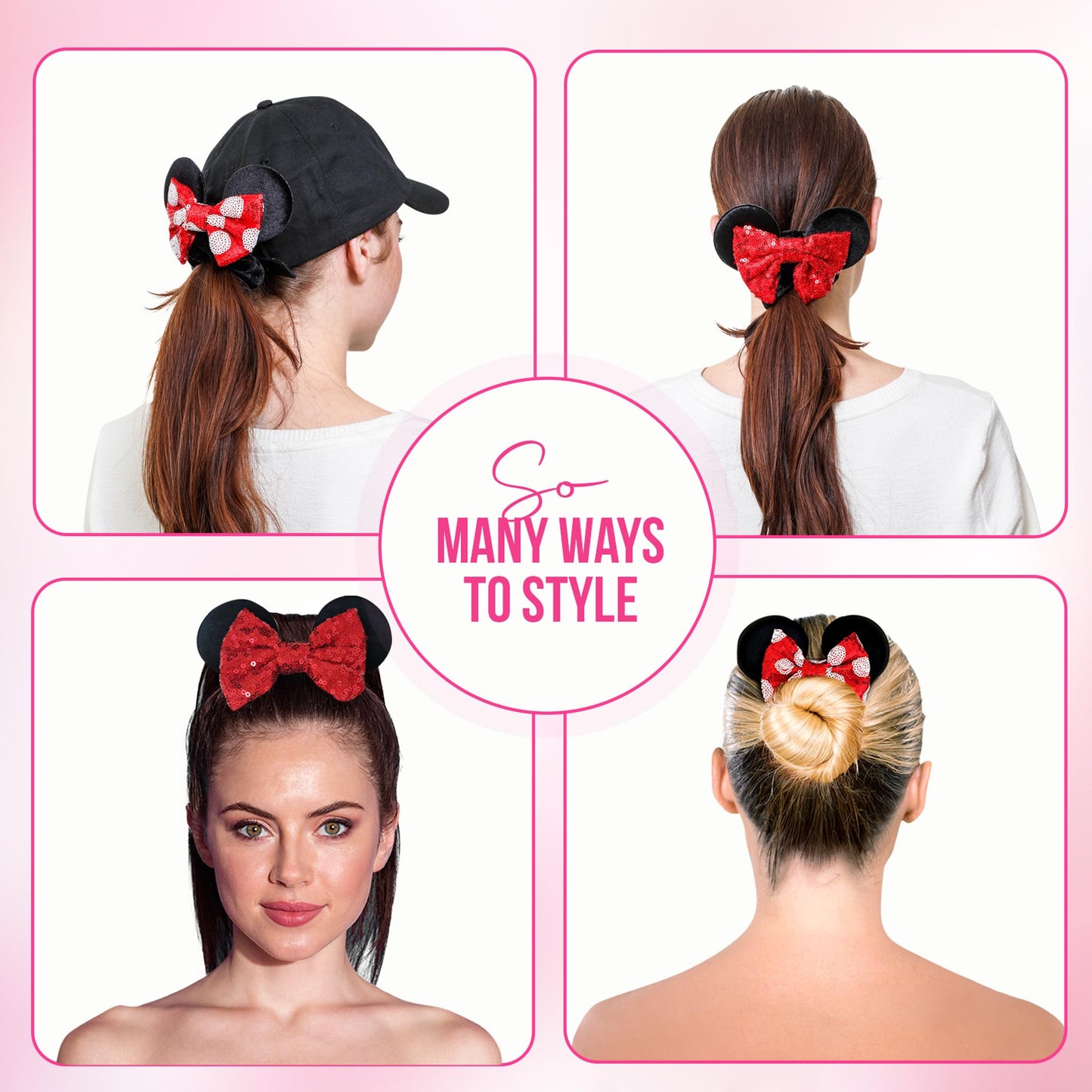 Styla Hair 2pk Mouse Ear Scrunchies for Kids Velvet Hair Bow Scrunchies for Women - Sparkle Sequins Mouse Hair Bands for Pony Tail (Red Black)