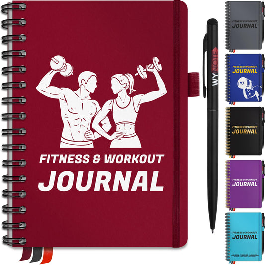Fitness Journal Burgundy on 150+ Workouts + Yearly Calendar + 55 Tracking Values - A5 Workout Journal with Fat tracking - Planner to 12 items to track + 7 comparative periods + Goals