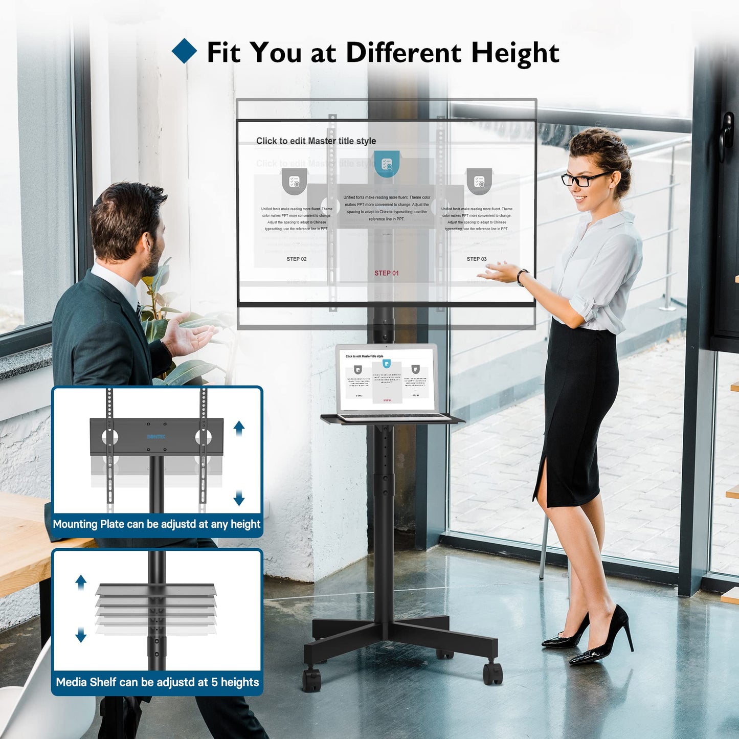 Mobile TV Cart for 23-60 Inch LED LCD Flat Curved Screens TVs, Rolling TV Stand with Locking Wheels Holds Up to 88lbs, Height Adjustable Portable Floor Stand with Media Shelf Tray, Max VESA 400x400mm