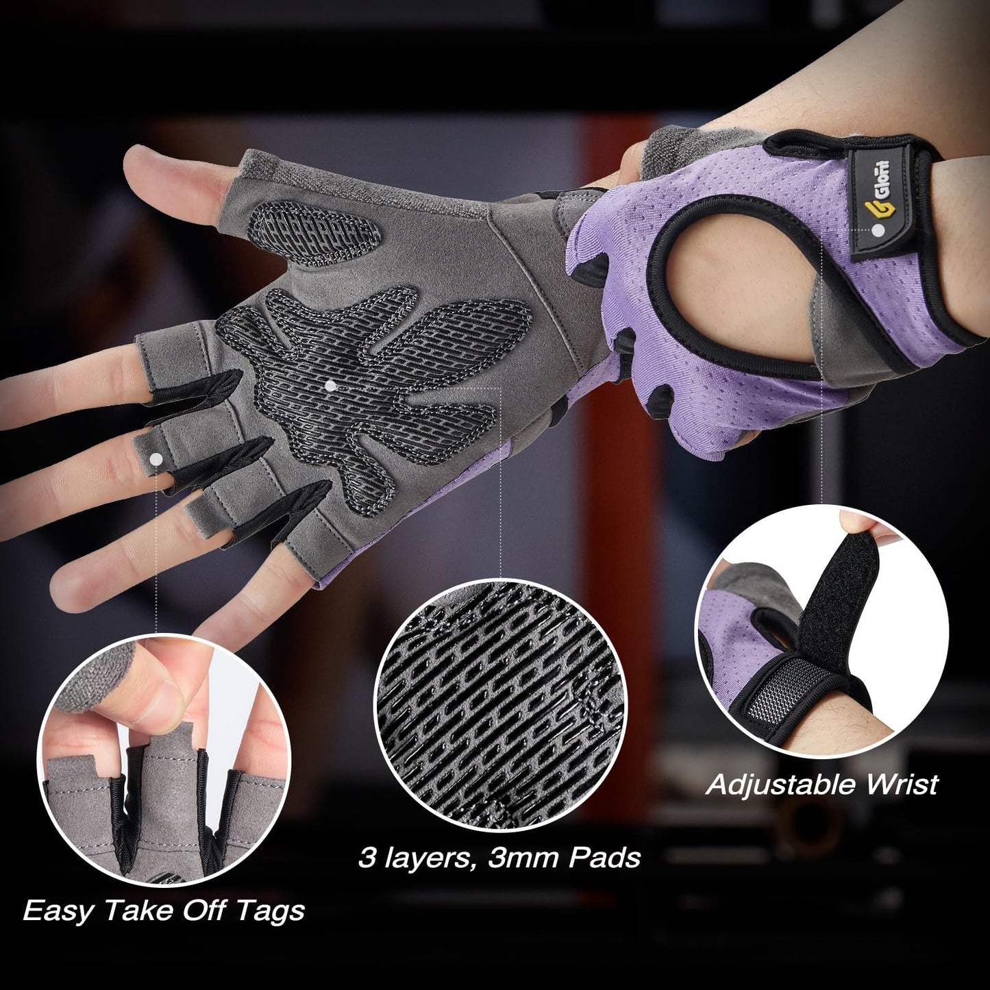 Glofit Workout Gloves for Women and Men, Weight Lifting Gloves Anti-Slip Padded Palm, Light Weight Fingerless Powerlifting Fingerless Gym Gloves for Exercise, Fitness, Training, Cycling