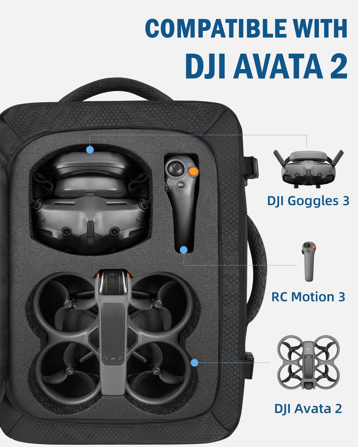 PEKREWS Avata 2 Case, Expandable Carry On Bag for DJI Goggles 3, RC Motion 3, Large Capacity Avata 2 Backpack Fits 17.3 Inch Laptop and DJI Fly More Combo, Travel Drone Carrying Case for Accessories