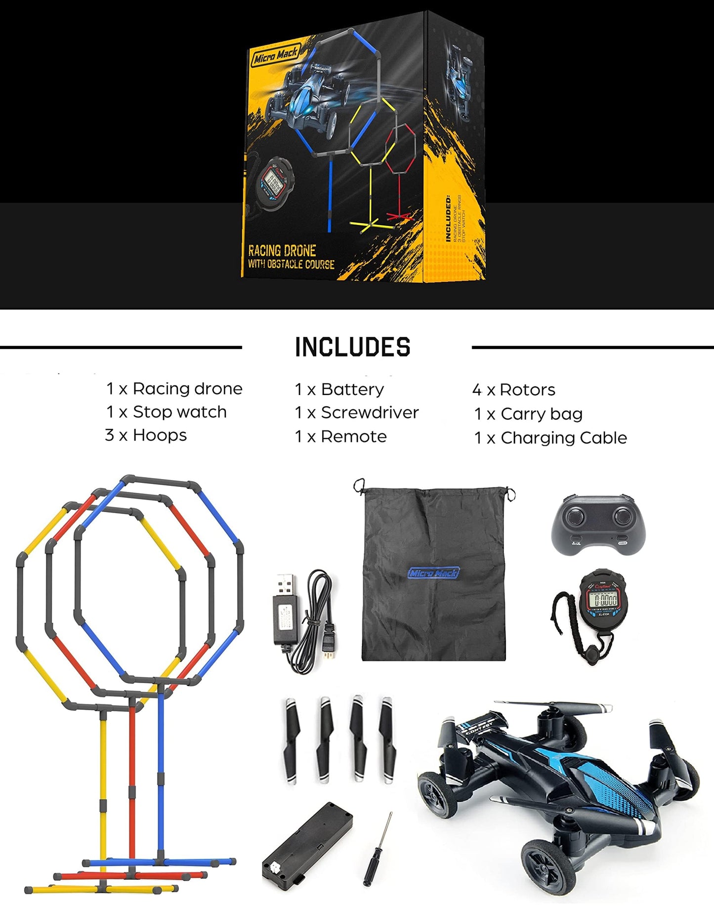 Galvanox Racing RC Drone with Obstacle Course Kit, Includes 3 Hoop Sizes for Competition Game Set