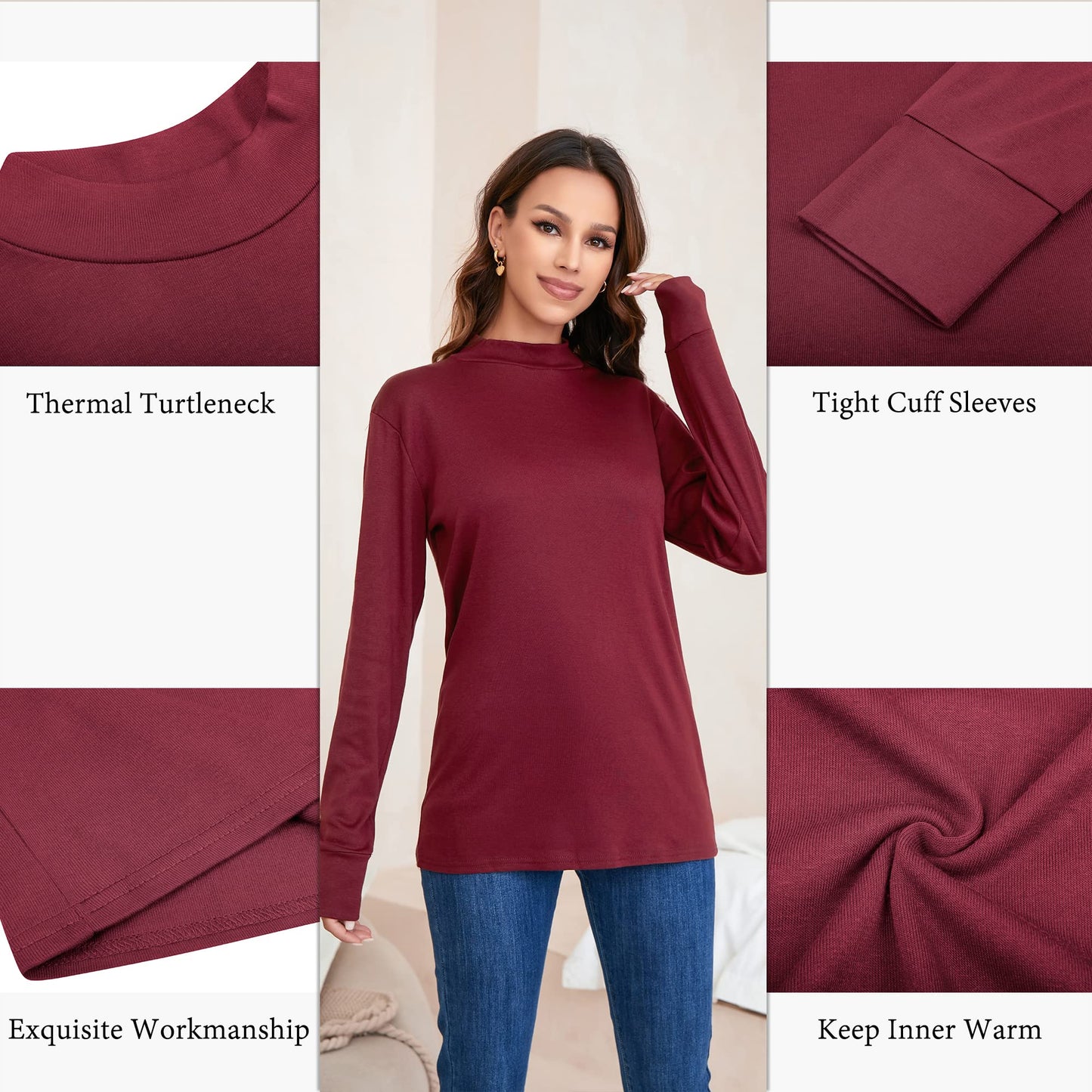 LE VONFORT Long Sleeve Shirts for Women Lightweight Mock Neck Sweater Soft Base Layer Tops Thermal Undershirts Dark Red XX-Large