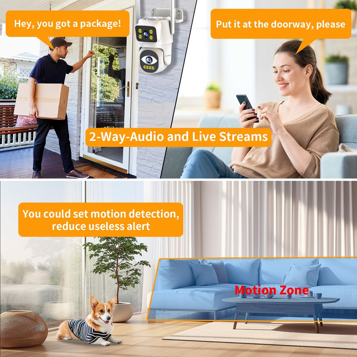 ESCANU Dual Lens Security Camera Outdoor,WiFi Camera for Home Security,Home Survaillance Outdoor,PTZ,2-Way Audio, Auto Tracking,Night Vision,24/7 Continous Record,IP65 Weather Proof