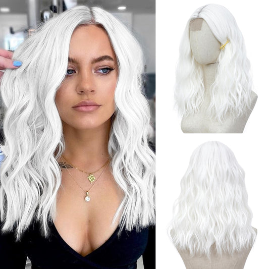 BUPPLER White Wig 18 Inch Medium Length Wigs for Women Middle Part Synthetic Hair Wavy Wig with Upgraded Strands,Natural Hair Wig for Daily Party/Halloween Use 18Inch,White