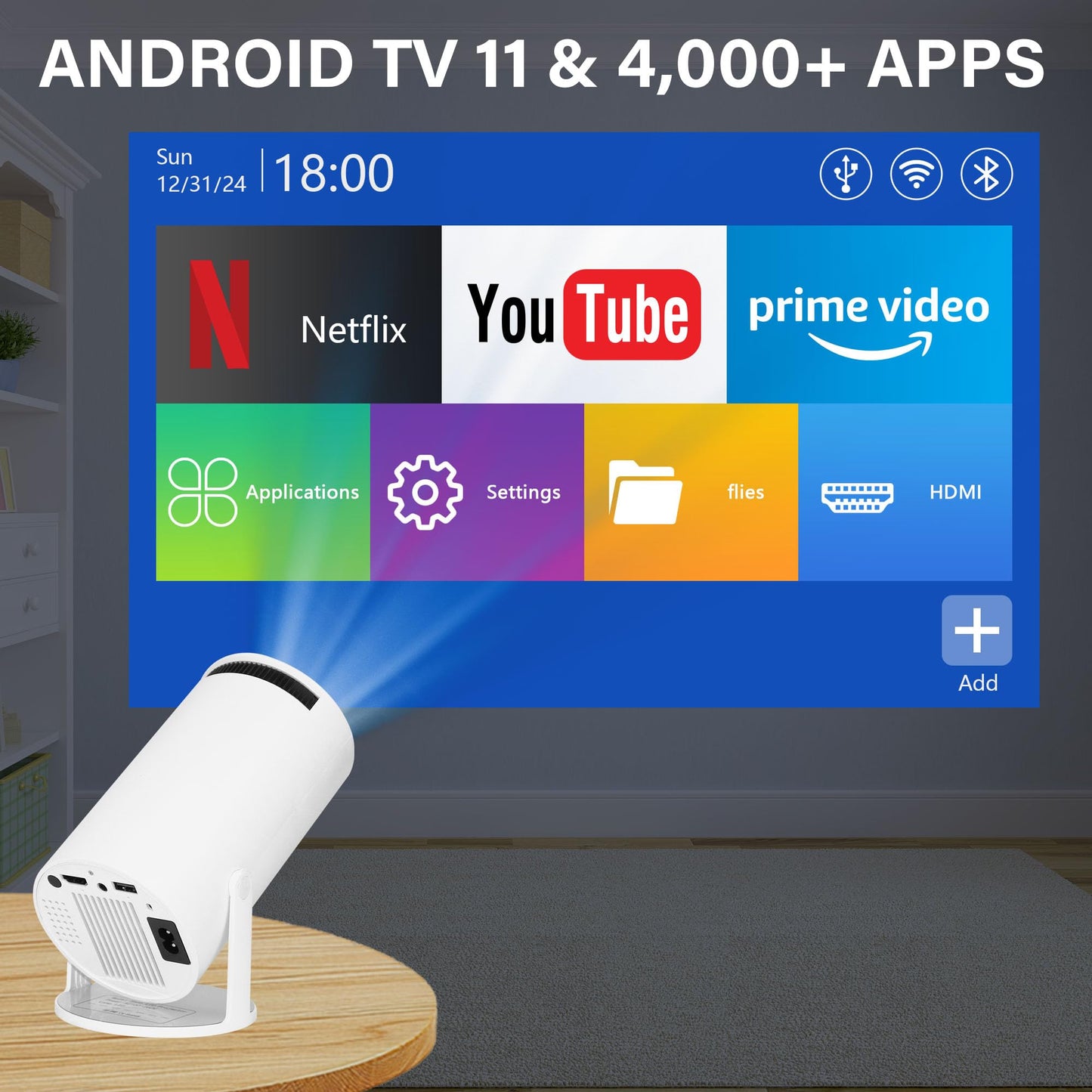 Sanniu Mini Projector, Support 4K 1080P HD Portable Projector with Bluetooth and WIFI Android TV 11, Auto Keystone, 130" Screen Smart Video Projector with Speakers for Home Theater & Outdoor Movie