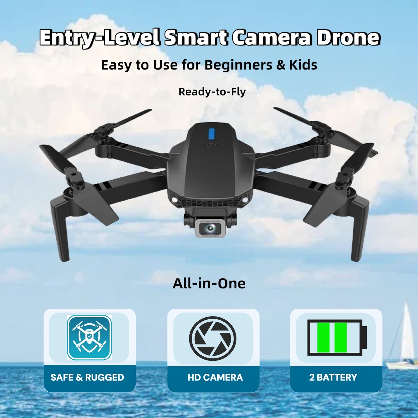 Smart Drone with Camera for Kids & Beginners, Foldable HD FPV Drone with Auto Hover, 2 Batteries, Follow Me | Kit for Outdoor Adventures & STEM Learning Toy (Child-Safe & Rugged Design)