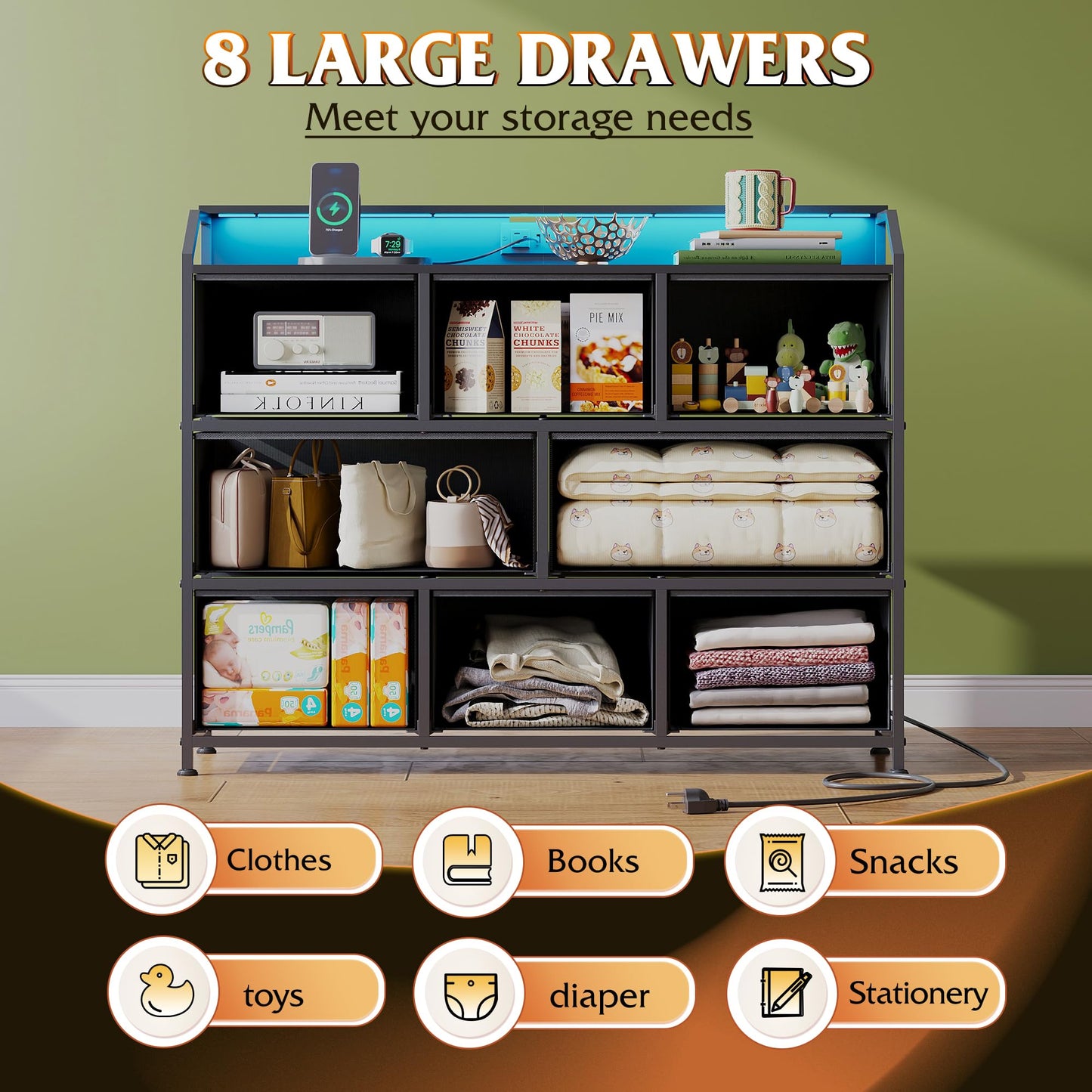 WLIVE Led Dresser for Bedroom, Black Dresser TV Stand for Bedroom with LED Lights and Power Outlet, Wide Chest of Drawers for Hallway, 8 Fabric Drawers for Living Room and Entryway, Easy to Assemble