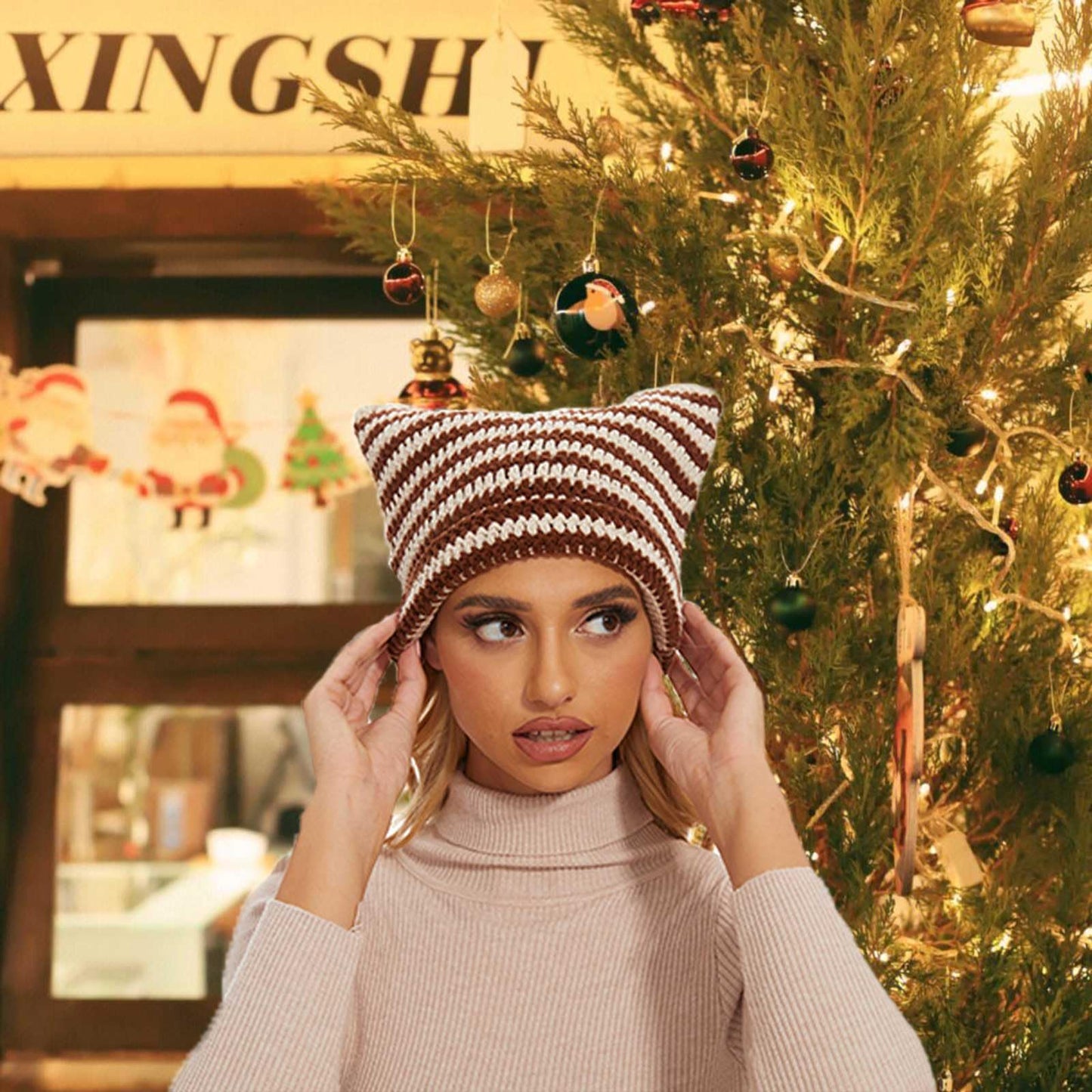 CATMICOO Y2k Beanie Knit Cat Ear Beanies Crochet Hats for Women Brown