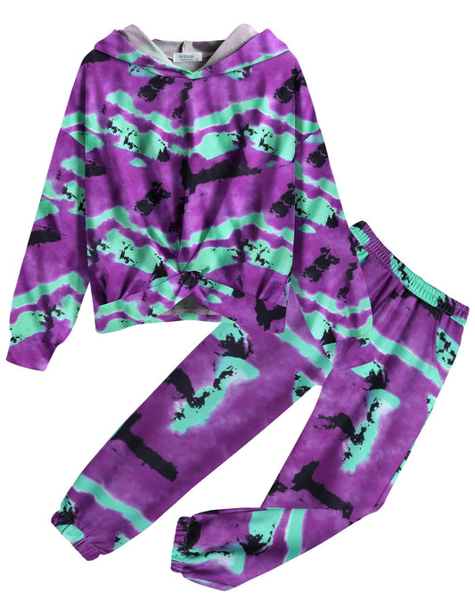 Arshiner Girl Pullover Set Sweatsuit Long Sleeve Tie Dye Twist Front Top Winter Fall Tracksuit Sweatpants Casual Size 10-12