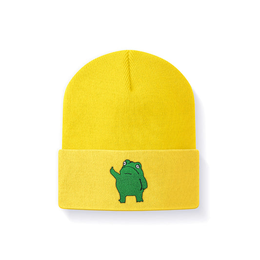 Ulikuwa Knit Cuffed Beanie Hat for Men Women, Funny Embroidered Unhappy Frog Acrylic Soft Warm Winter Hats, Yellow