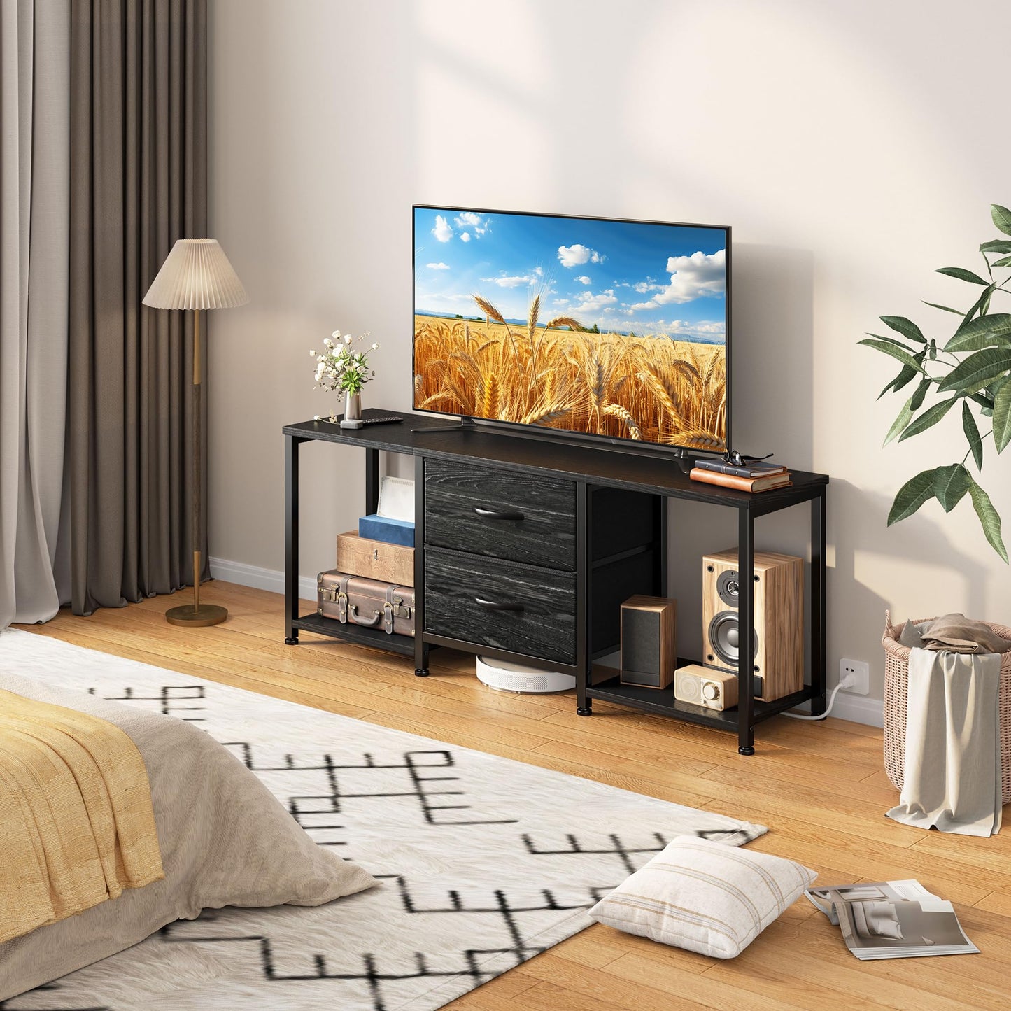 TV Stand for Bedroom with LED Lights, Dresser TV Stand with Two Fabric Drawers and Open Storage Shelves, TV Stands for Living Room, Entertainment Center, TV Console, Wood Top, Metal Frame, Black