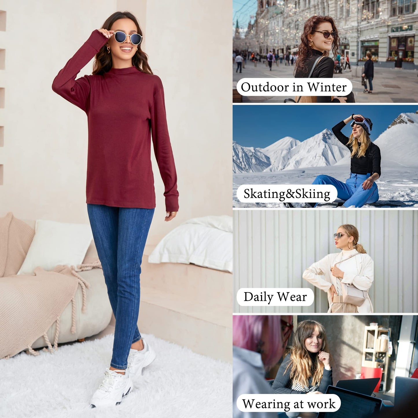 LE VONFORT Long Sleeve Shirts for Women Lightweight Mock Neck Sweater Soft Base Layer Tops Thermal Undershirts Dark Red XX-Large