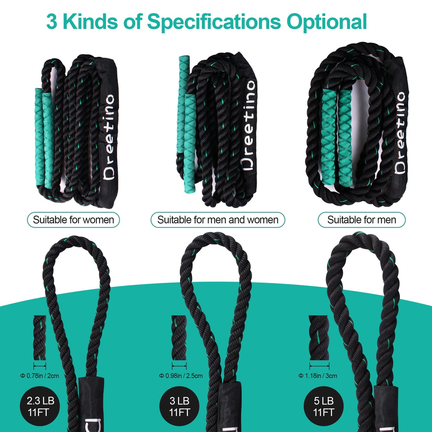 DREETINO 11FT-2.3LB Weighted Jump Rope for Adult Fitness, Upgraded 2 layers Cozy Handle Heavy Duty Skipping Rope, Men and Women Whole Body Muscle Exercise to Improve Strength Endurance Training Sports Jumping rope