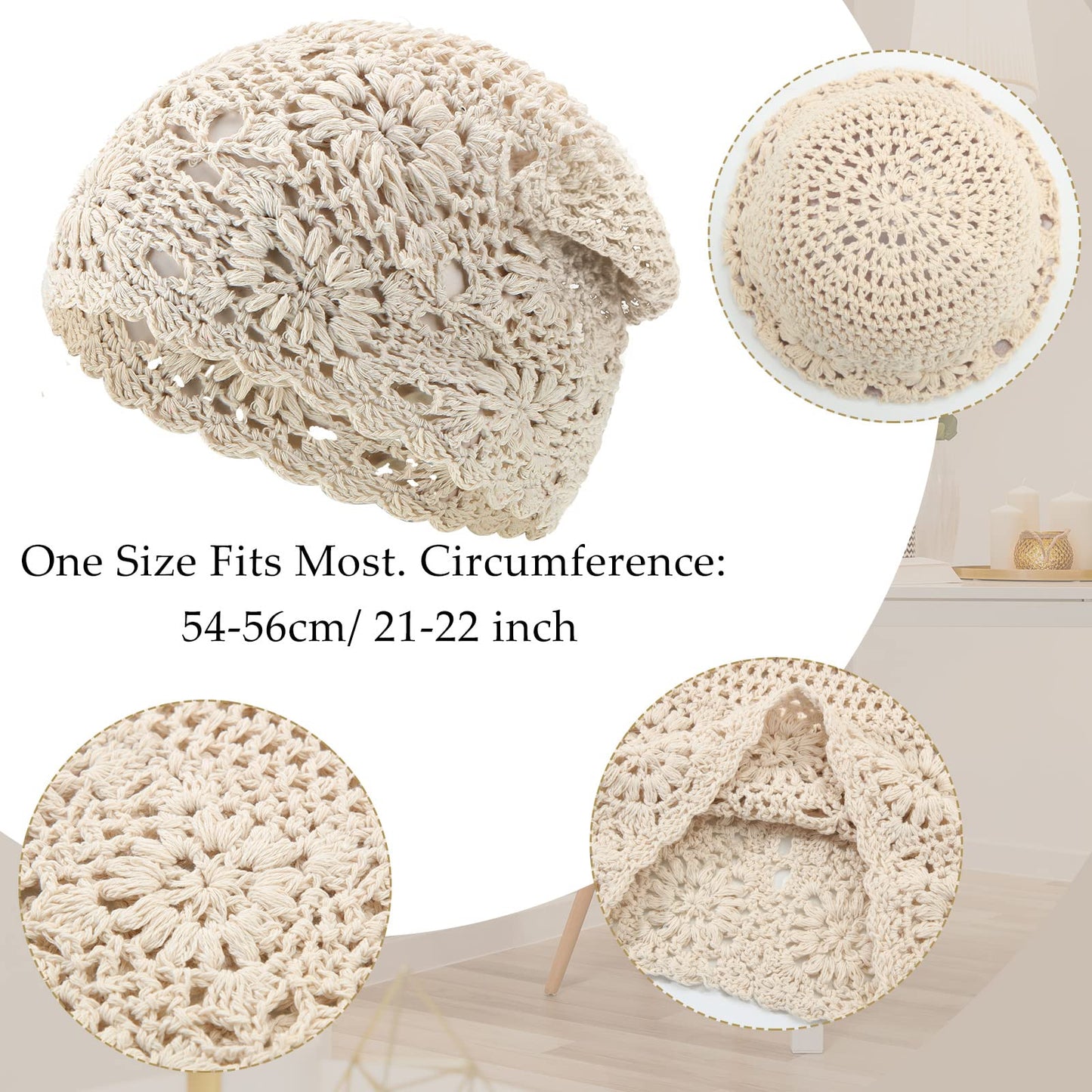 2 Pieces Floral Crochet Slouchy Beanie Hat Handmade Knit Cutout Women Floral Skull Cap Stretchy Knitted Crochet Hat for Women (Beige, Gray)