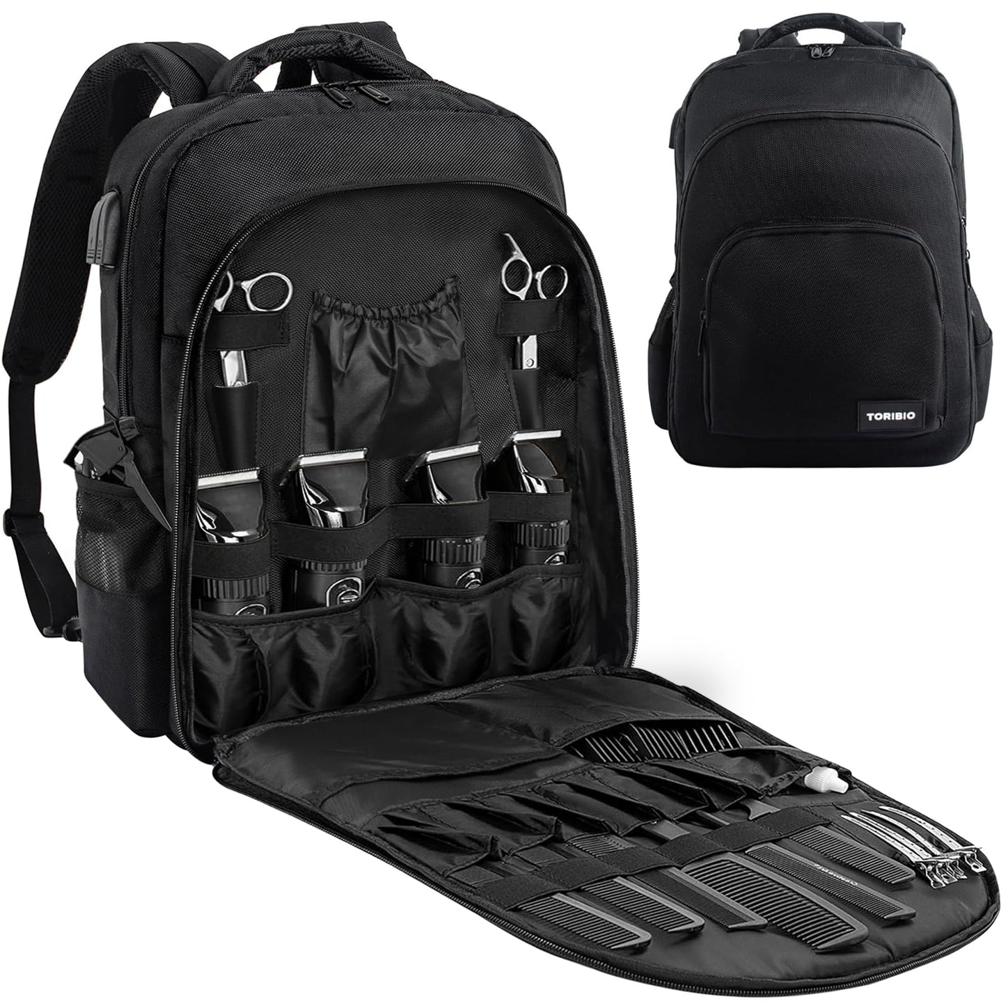 TORIBIO Barber Supplies Bag for Clippers and Supplies, Hairstylist Clipper Portable Backpack for Barber Tools (Black)