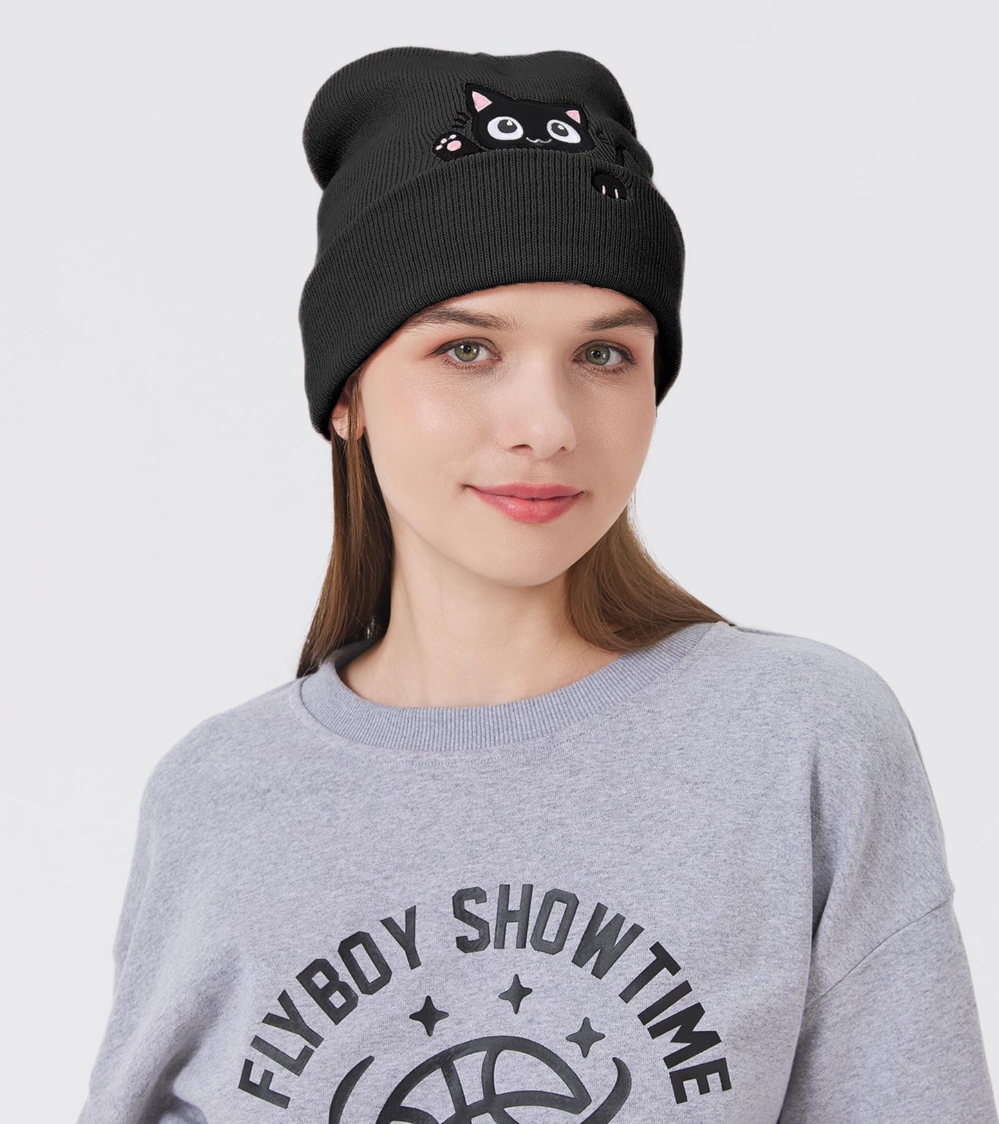 Cat Beanie Hats for Women Cute Cat Lovers Gifts Women's Winter Animal Knitted Hats for Girls (US, Alpha, One Size, Black)