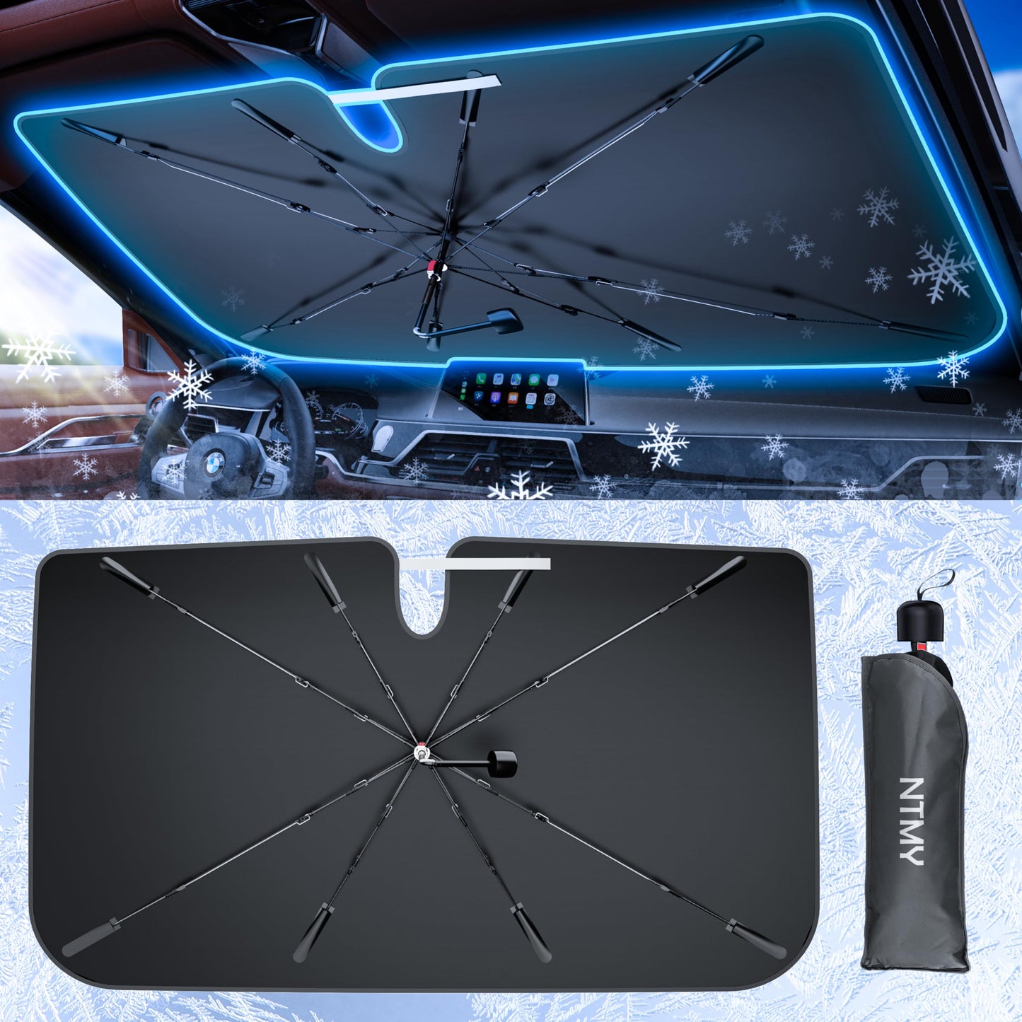 [2025 Upgrade Seamless Full Cover] Windshield Sun Shade Umbrella for Car [Nano Ice-Crystal Coating] Protect Car Interior from Sun Ray & Heat, Foldable Front Window Sunshade, Medium(57" L X 31" W)