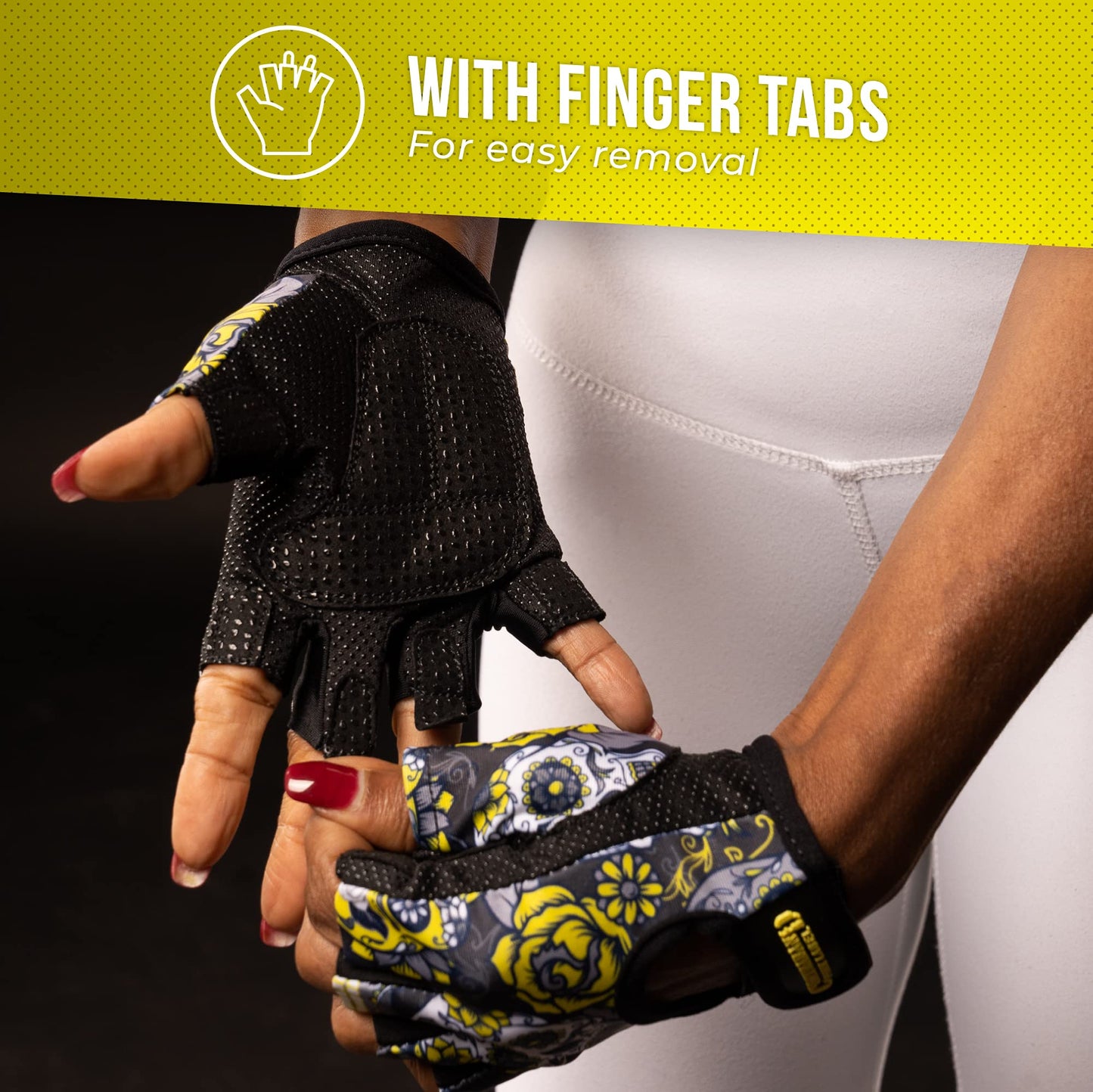 Contraband Pink Label 5237 Womens Design Series Sugar Skull Lifting Gloves (Pair) - Lightweight Vegan Amara Leather Palm w/Griplock Silicone (Yellow, X-Small)