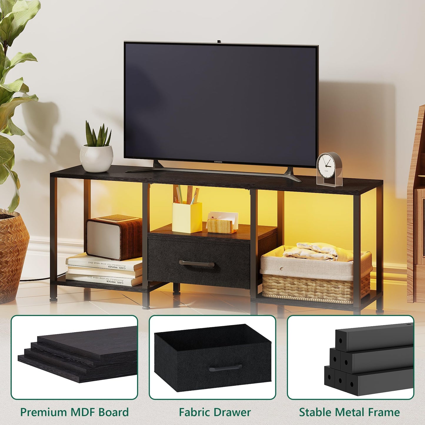 JARHETUN TV Stand with LED Lights, Entertainment Center with Open Shelves and Fabric Drawer, Media Console for 55 Inch TV, Television Stands for Living Room, Bedroom, Black