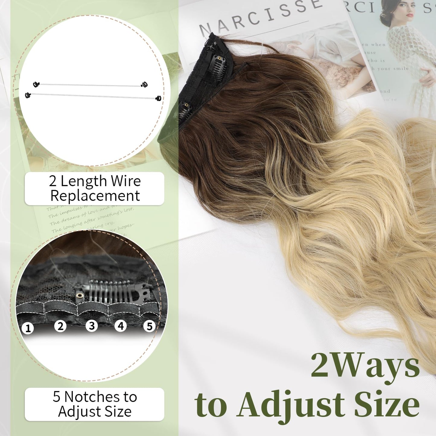KooKaStyle Invisible Wire Hair Extensions with Transparent Wire Adjustable Size 4 Secure Clips Long Wavy Secret Hairpiece (20Inch, Medium Brown to Bleach Blonde)