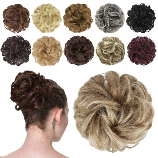 FESHFEN Messy Bun Hair Piece - Elastic Wavy Curly Hair Bun Scrunchies Extensions Synthetic Chignon Hairpieces for Women Girls, Mixed Blonde and Ash Blonde Tips 1 PCS