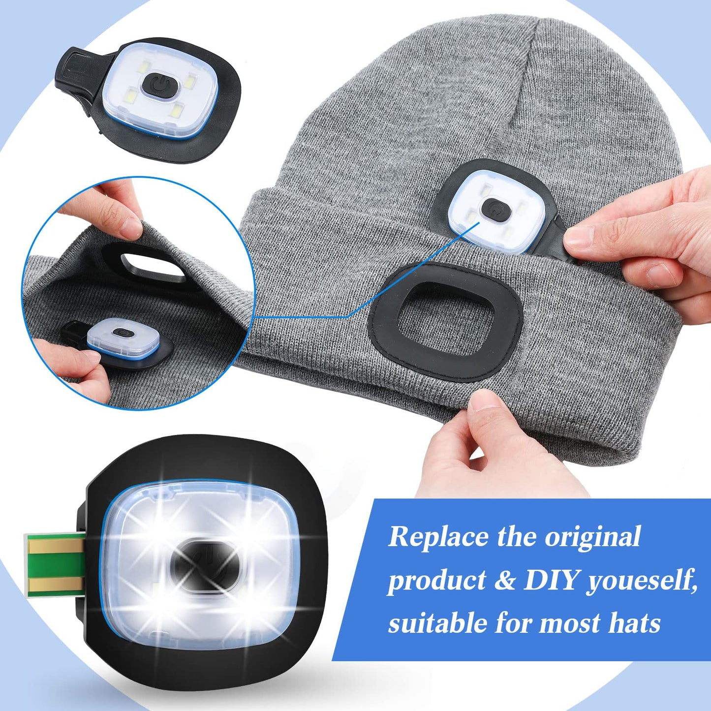 Mudder USB Rechargeable Light for LED Knit Beanie Hat, 4 Pieces, Strong Medium and Weak Mode Hat Lights Flashing Hands Free Flashlight Men Dad Father, Black