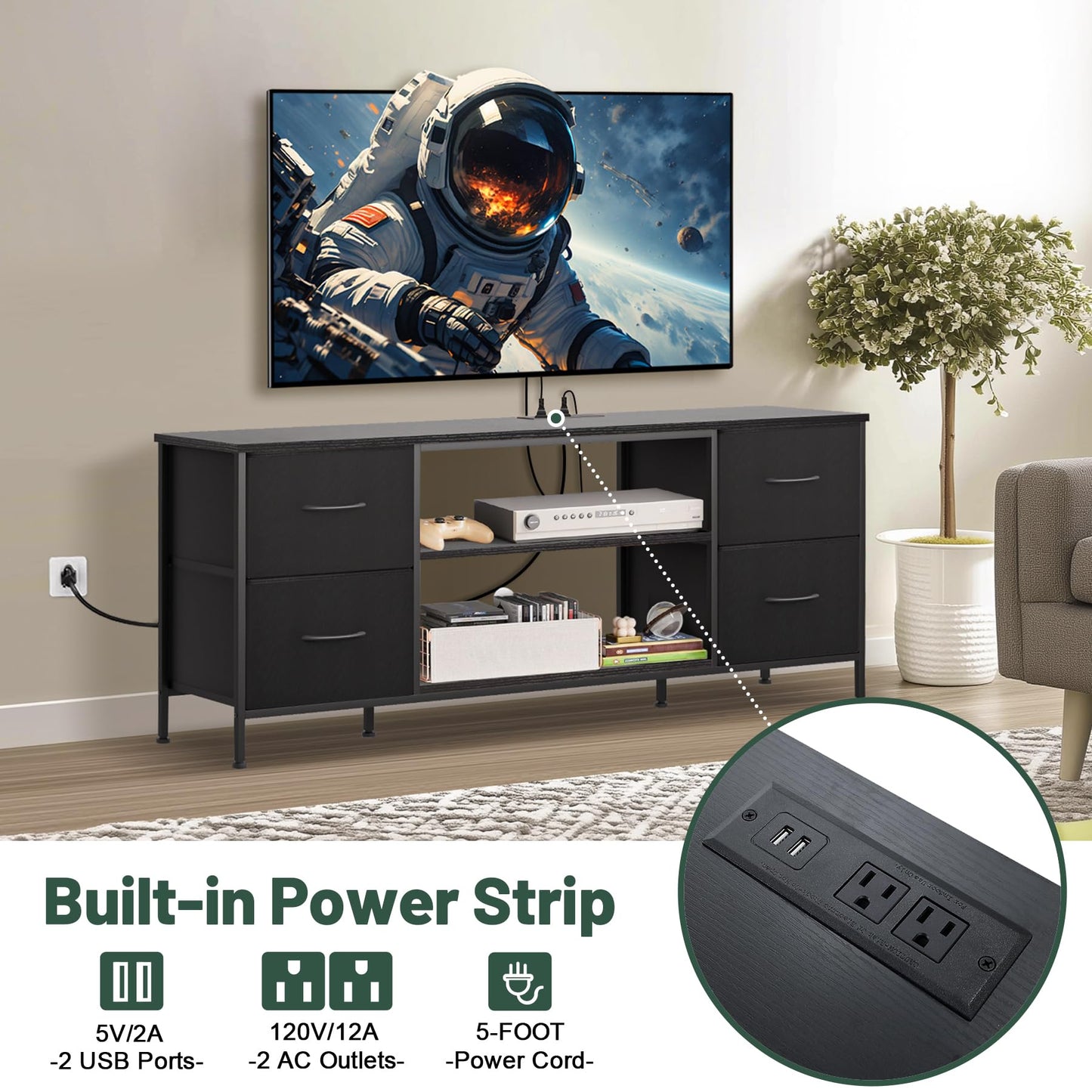 Sonharlar TV Stand for Bedroom, Television Stand for TV up to 55 Inch Entertainment Center Dresser with 4 Drawers Open Storage Shelves for Living Room, Entryway (Black and Charcoal Black)