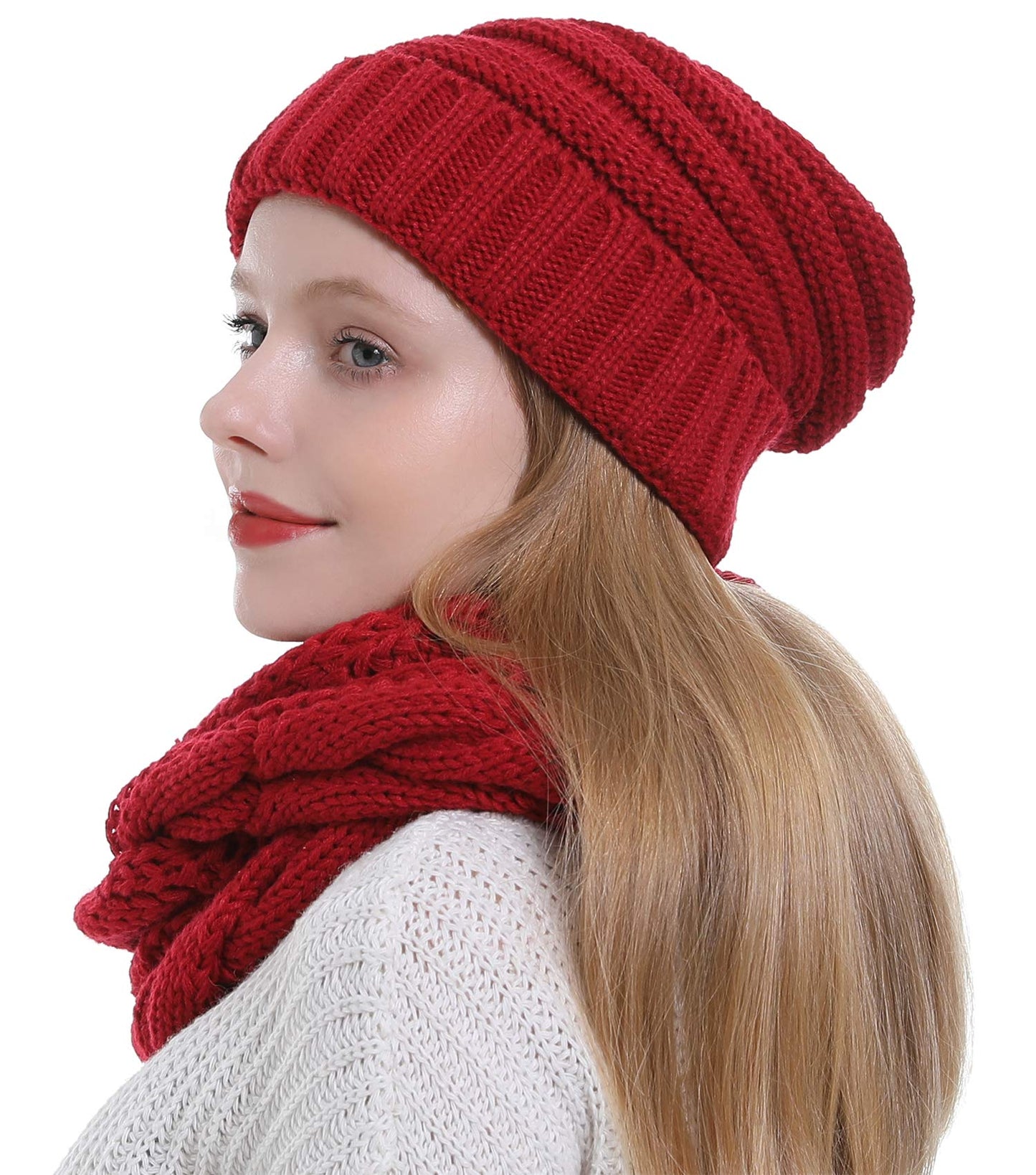 Double Couple 3pcs Winter Beanie Hat Scarf and Touch Screen Gloves Set for Women Knit Hat with Faux Fur Ball Scarves Glove