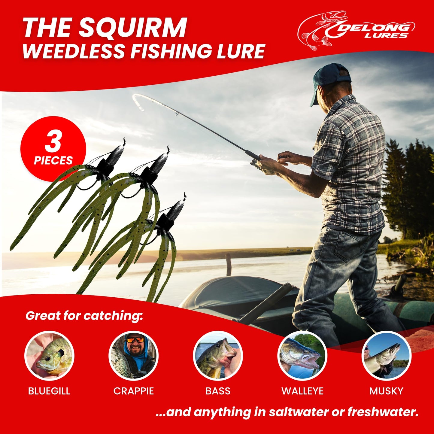 Delong Lures - The Squirm Fishing Lures - Ultimate Bass Fishing Kit, Weighted Fishing Jigs for Freshwater and Saltwater Fishing, Large Swimbait Fishing Lures - Made in USA (Green Pumpkin)