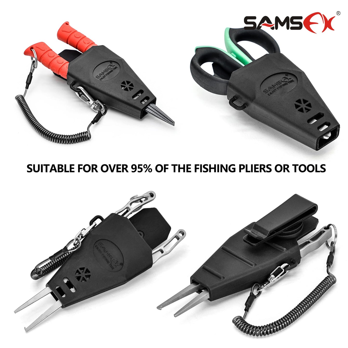 SAMSFX Aluminum Fishing Pliers Hook Remover Braid Line Cutter with Coiled Lanyard, Fly Fishing Knot Tying Tool & Retractors (Blue Handle, Split Ring Nose)