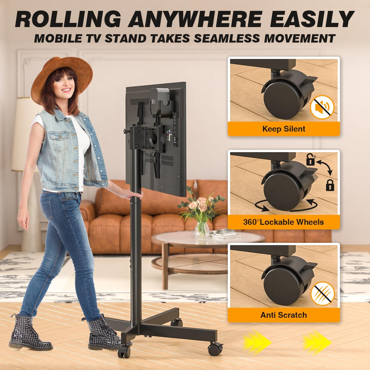 5Rcom Strong Tall Rolling TV Stand for 23-65 Inch TVs up to 88 lbs, Height Adjustable &Tilt Mobile TV Cart for Optimal Viewing Angle, Portable TV Stand with Locking Silent Wheels for Home and Outdoor