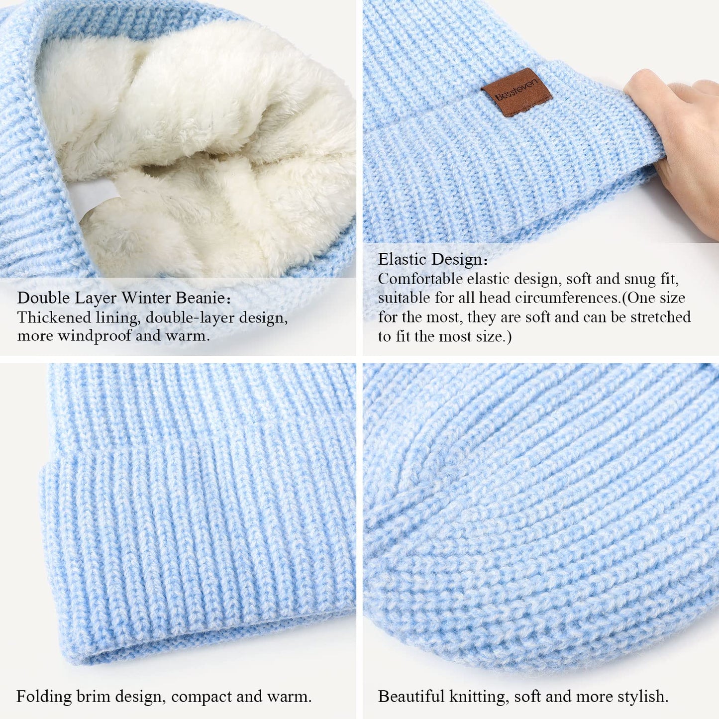 Beanie for Women Winter Hat: Double Layer Blue Beanie with Warm Thick Lining Windproof for Skiing Motorcycling Riding Biking Running Gift for Women