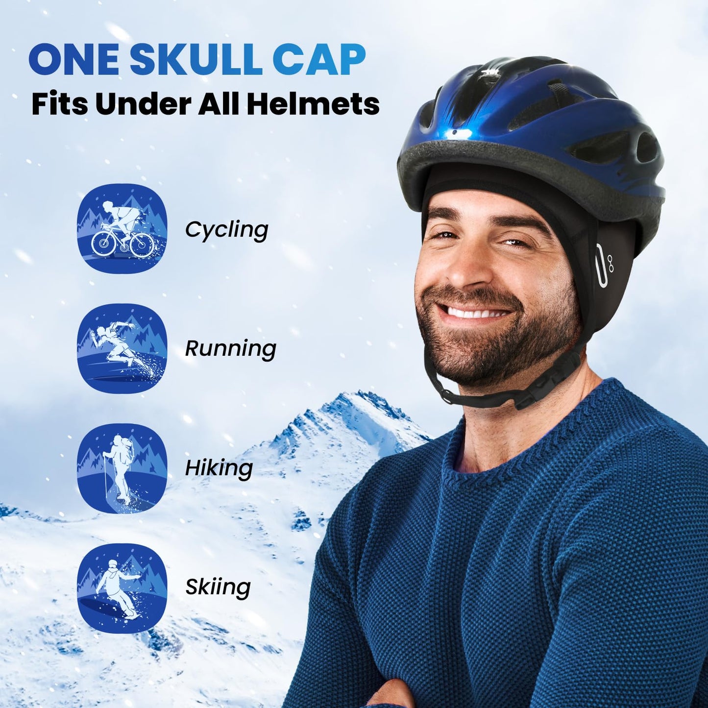 Bodvera Skull Cap Helmet Liner with Eyeglasses Holes,Ear Warm Cycling Cap,Thermal Head Cap for Men & Women in Winter. Black