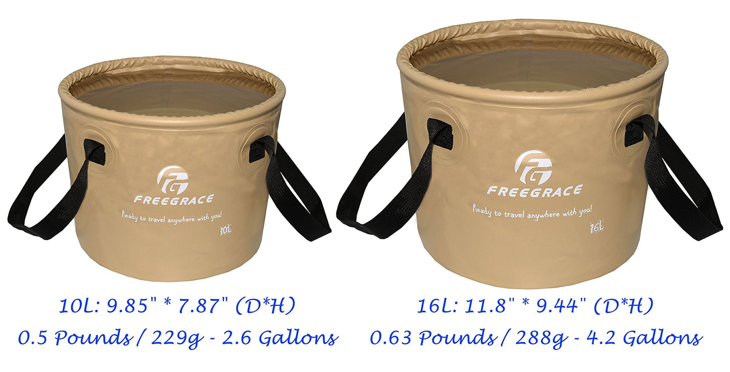 Freegrace Premium Collapsible Bucket -Multifunctional Folding Bucket -Perfect Gear for Camping, Hiking & Travel (Khaki, 10L)