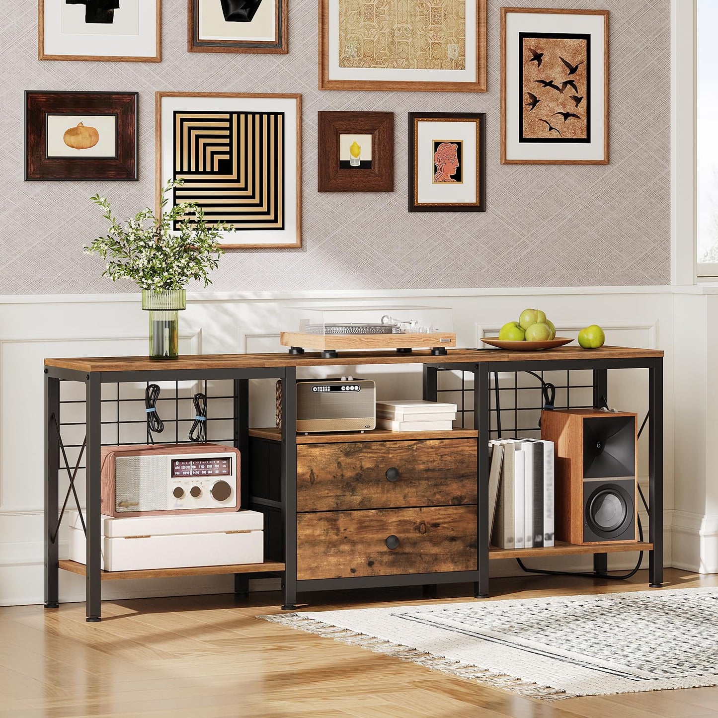 YATINEY TV Stand with Power Outlet Up to 60 Inch, Entertainment Center with 2 Fabric Drawers, TV Console Table with Open Storage Shelves for TVs, Cable Management, for Living Room, Bedroom, DS14UBRY1