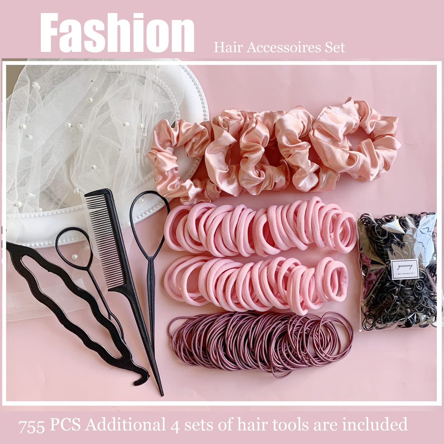 YANRONG 755PCS Hair Accessories for Woman Set Seamless Ponytail Holders Variety Hair Scrunchies Hair Bands Scrunchy Hair Ties For Thick and Curly (Pink)